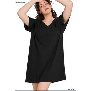 Zenana NWOT Black Brushed DTY Rolled Short Sleeve V-Neck Dress Sizes 1X-3X